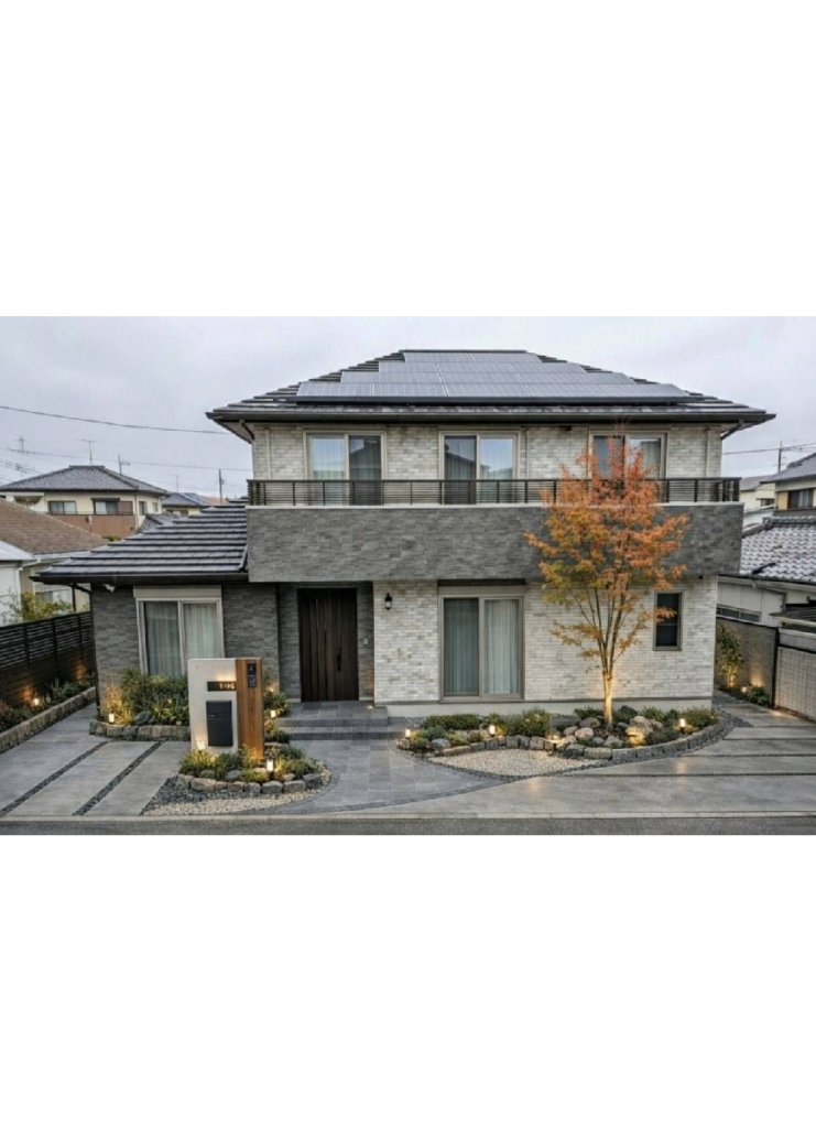 上質なタイル貼りが印象的な、落ち着きある二階建て住宅